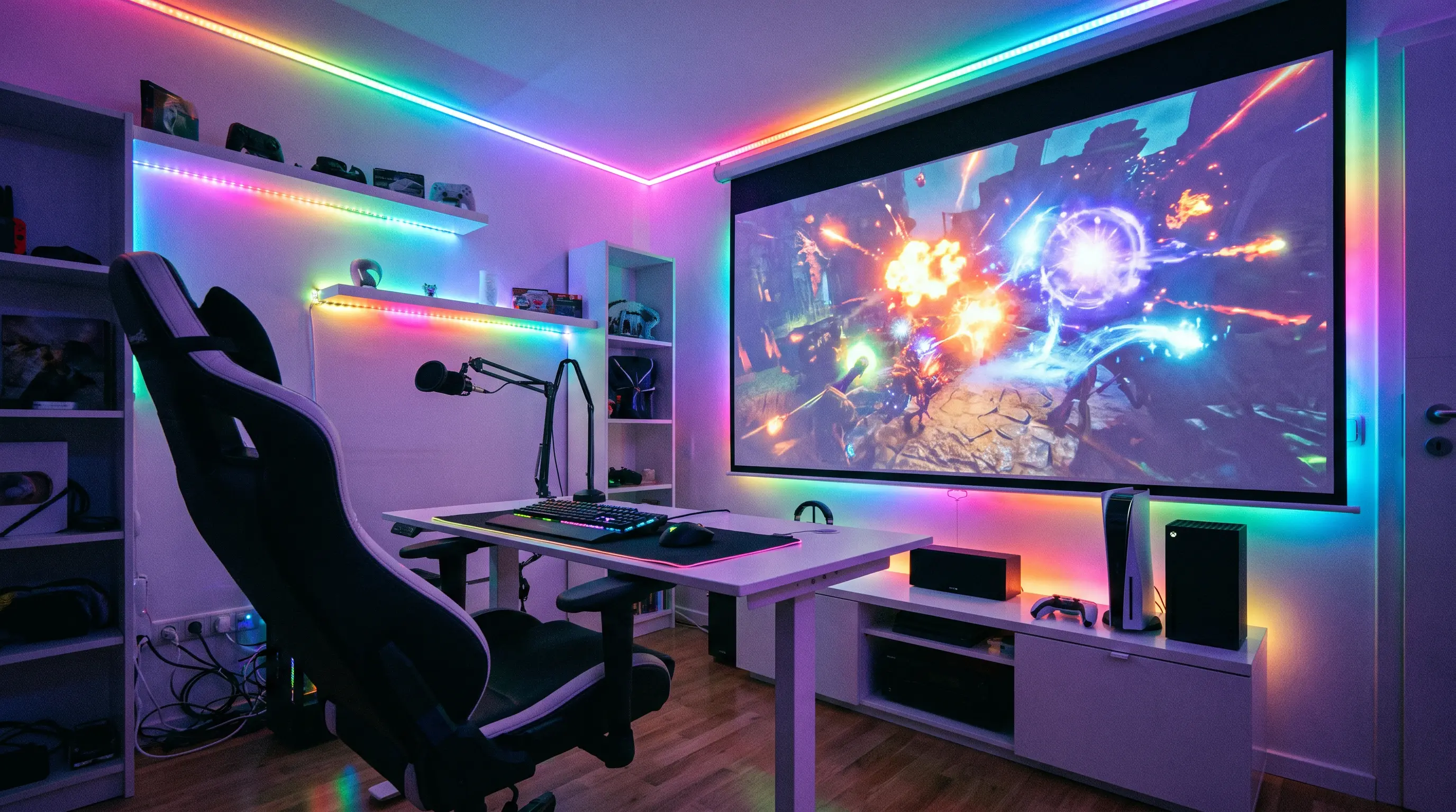 Gaming room with RGB lighting and fast-response projector displaying game Máy chiếu giáo dục siêu gần DataMax DP01 với module cảm ứng