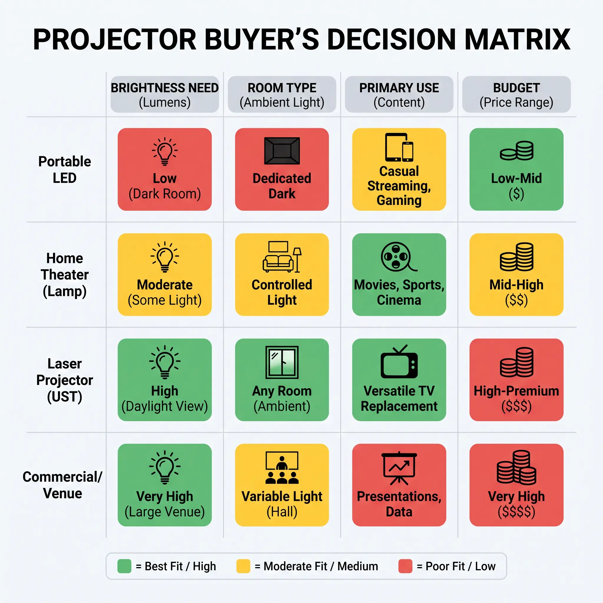Decision matrix for projector type selection based on 4 criteria Decision matrix for projector type selection based on 4 criteria
