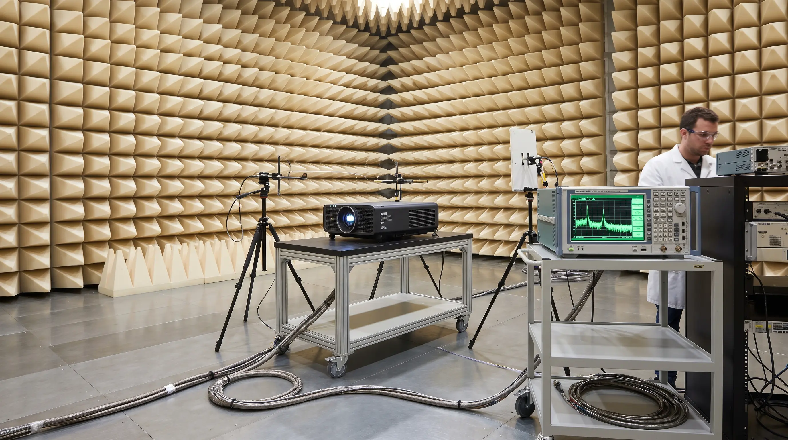FCC test setup with projector in anechoic chamber DataMax-Geräte-Dokumentpaket-Layout für B2B-OEM-Sendungen