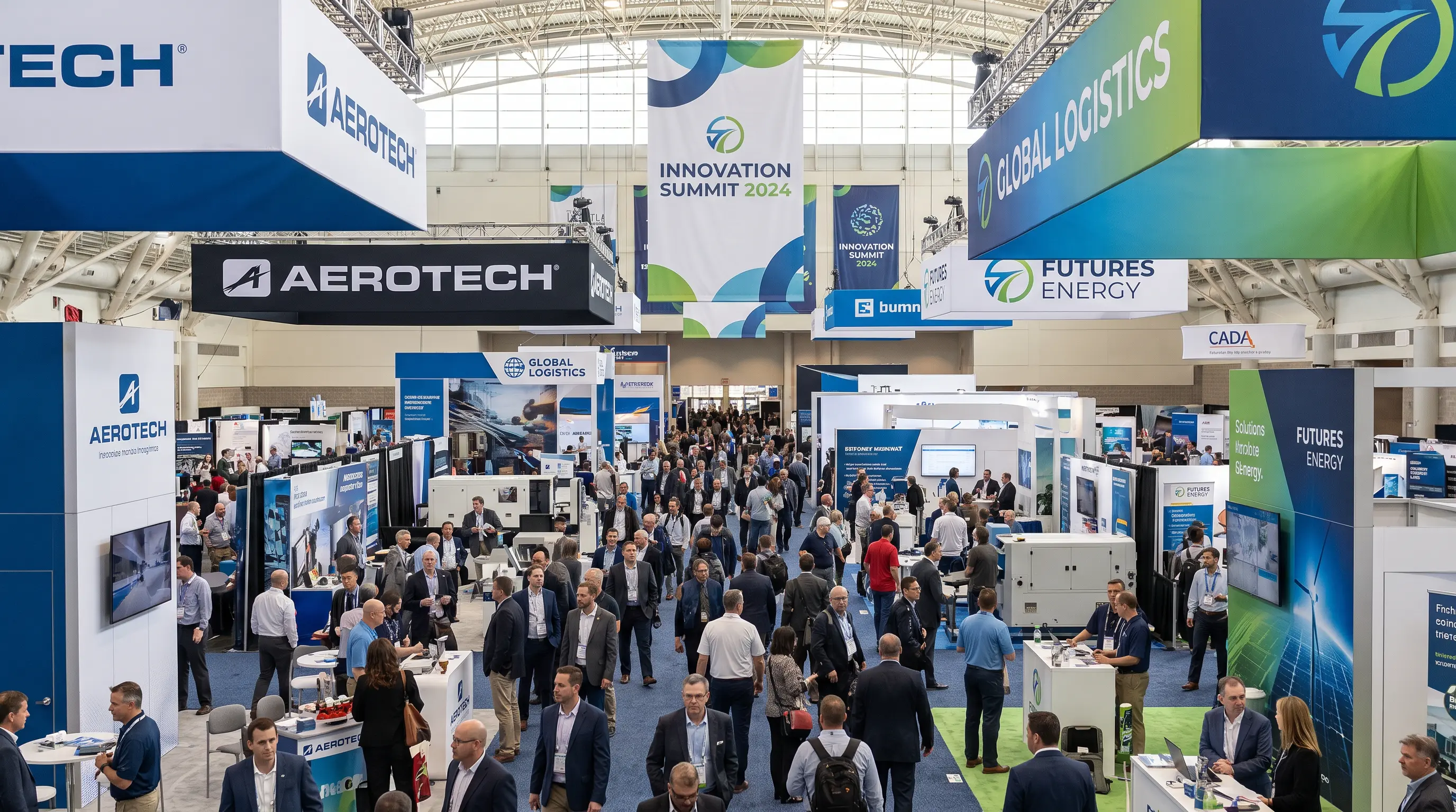 Trade show exhibition hall with multiple booths and attendees Trade show exhibition hall with multiple booths and attendees