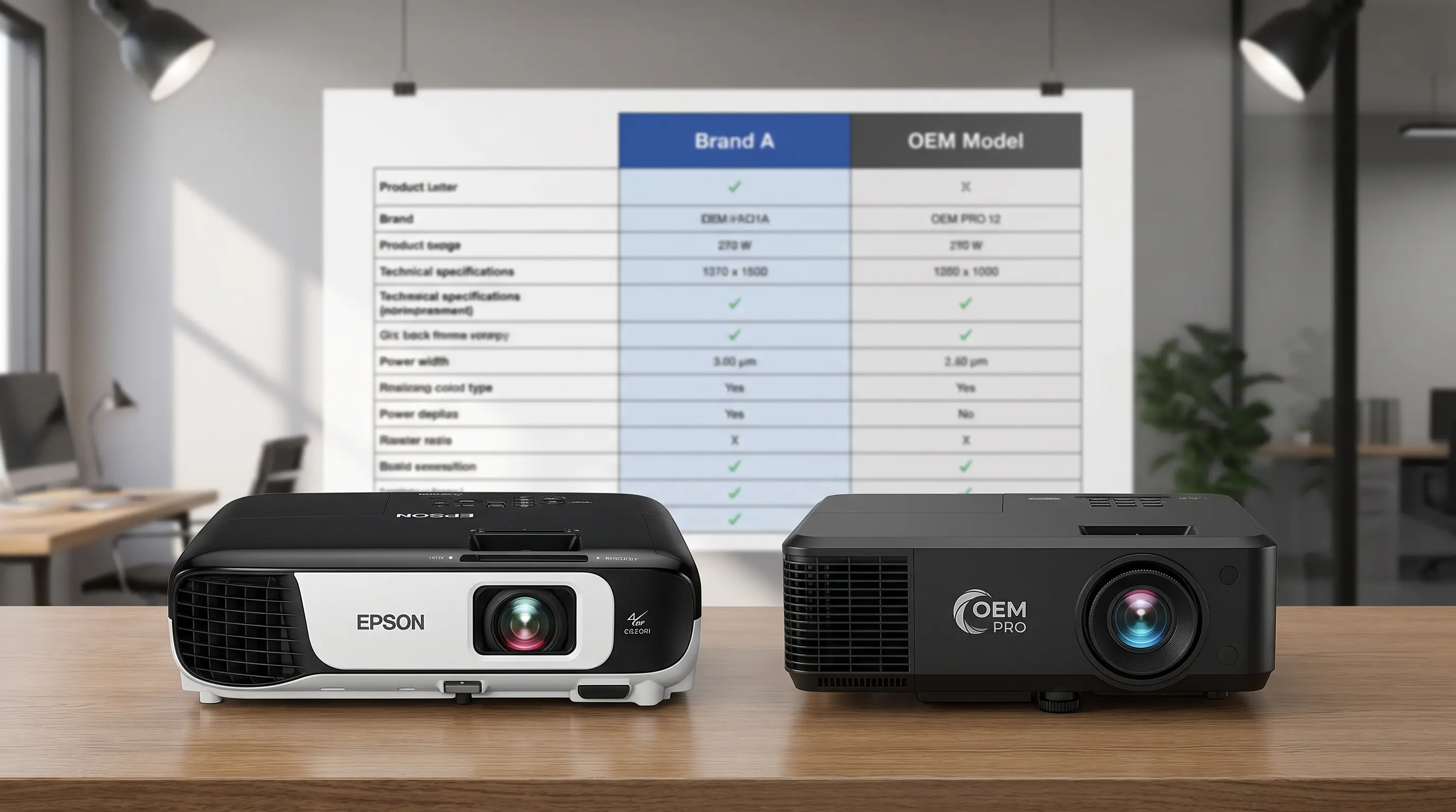 Mainstream vs OEM projector side-by-side in office オフィスでの一般モデルとOEMプロジェクターの並列比較