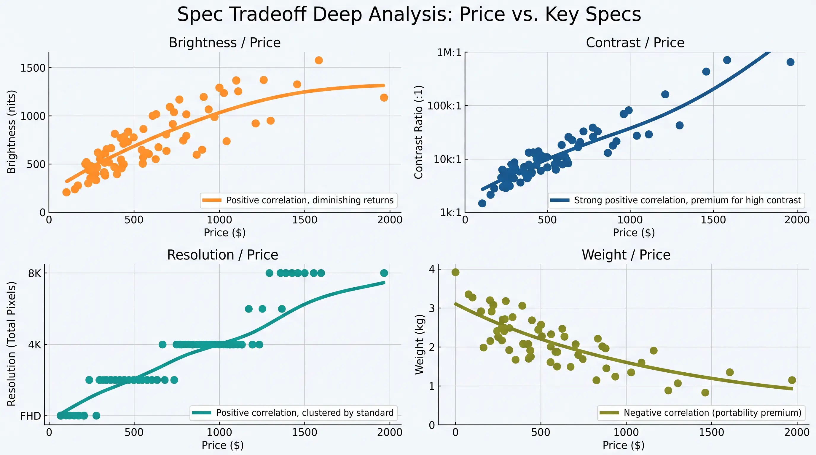4-panel spec tradeoff scatter plots