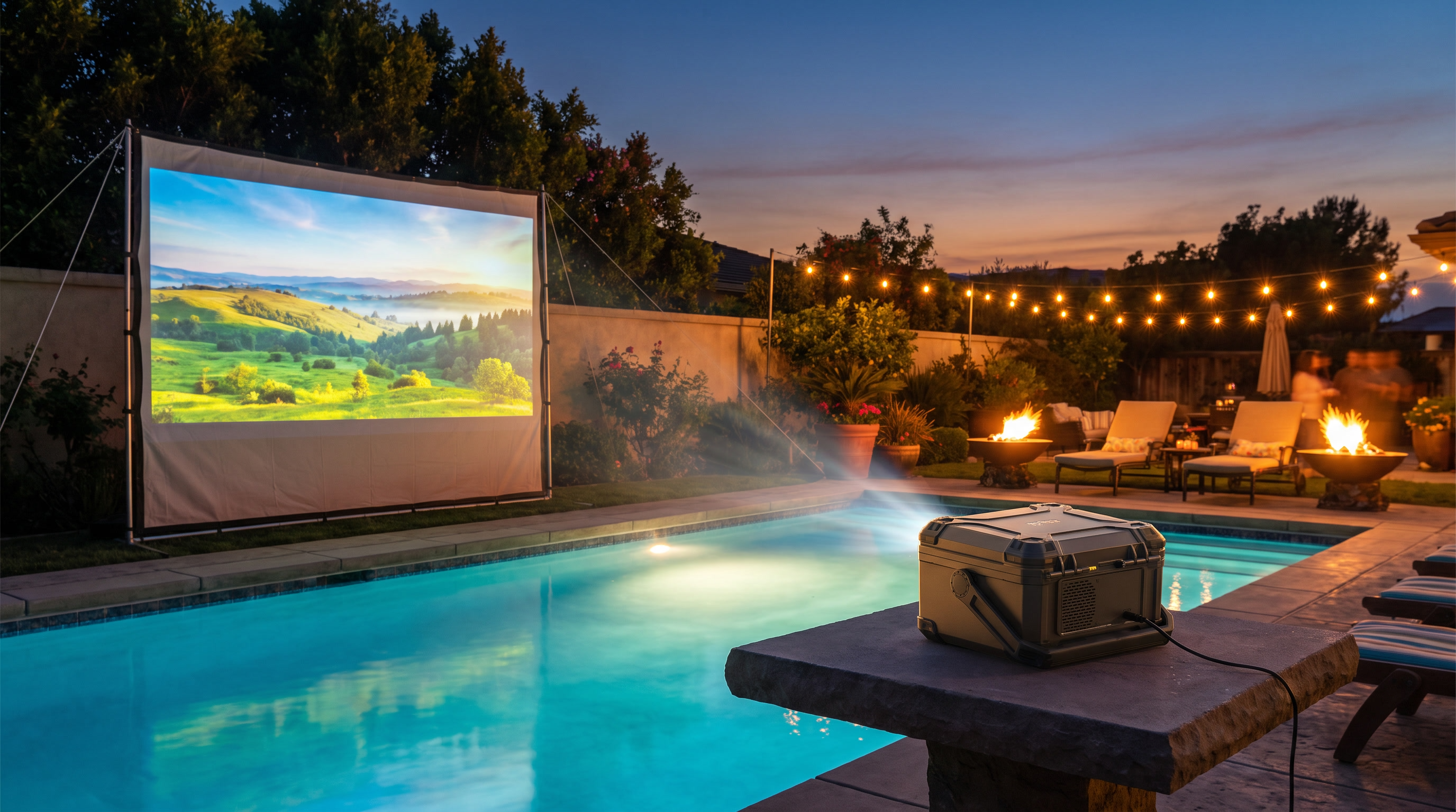 DP02 projector poolside evening