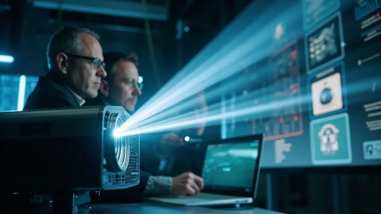 R&D engineers testing new projector